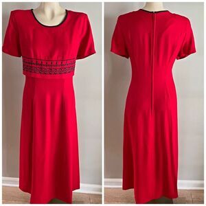 Vintage Red CC Studio Midi Dress M/L Black Trim Embroidered Waist 90s Retro